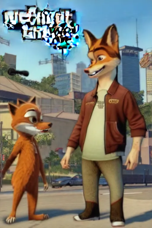 Image similar to Grand Theft Auto: San Andreas loading screen featuring Nick Wilde (from Zootopia)