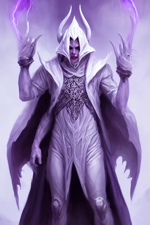 Prompt: human male demon, full body white purple cloak, no hoodie, hands down, warlock, character concept art, costume design, black eyes, white horns, trending on artstation, Artgerm , WLOP