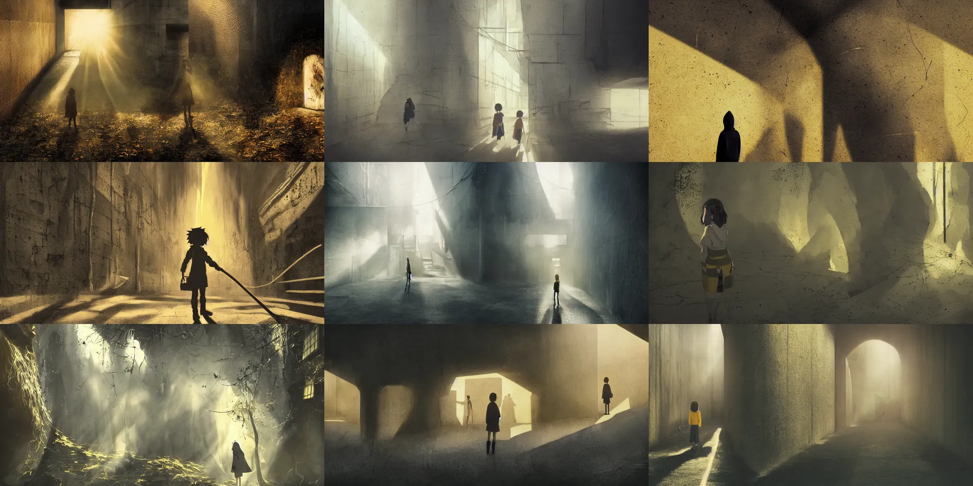 Prompt: dramatic lighting, tatsuyuki tanaka, incredible ghibli movie screenshot, vanishing point, focal point, ultra wide, brutalist, yellow hoodie girl, large dark hole in the side of a concrete wall, bright dappled golden sunlight, long dark shadows, black depths, posters, notices, hobbit hole, overgrown, spiderwebs