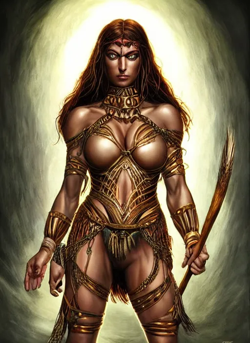 Image similar to a highly detailed symmetrical full body painting of a female amazon warrior with piercing beautiful eyes in dark tomb setting, dynamic lighting, ambient lighting, deviantart, art by artgerm and karol bak and mark brooks