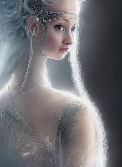 Prompt: portrait of young royal prima ballerina with silver white hair, crying, intricate silk clothing, fantasy, headpiece, digital 2 d illustration, 4 k, highly detailed, octane renderer, artstation trending, cinematic lighting, reflections, god rays, particles, micro detail, style of dropdeadcoheed, vurdem, wlop, tom bagshaw