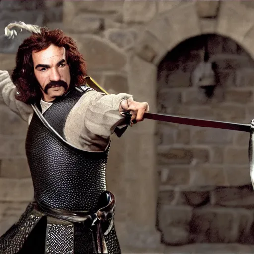 Image similar to inigo montoya swinging his sword photo realistic 4 k, extremely high quality