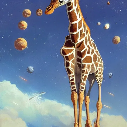 Prompt: a giraffe dressed like an astronaut floating in space with the earth in the background, trending on artstation, art by greg manchess, guangjian, detailed digital art, artstation hd