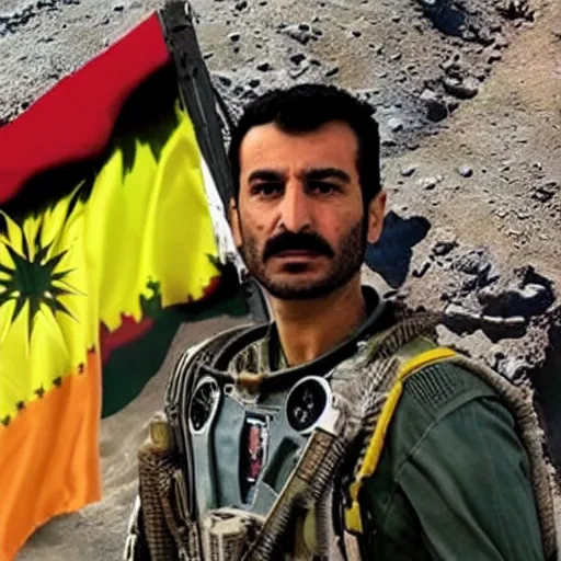 Image similar to kurdish astronaut holding a kurdistan flag in a movie directed by christopher nolan, movie still frame, promotional image, imax 7 0 mm footage