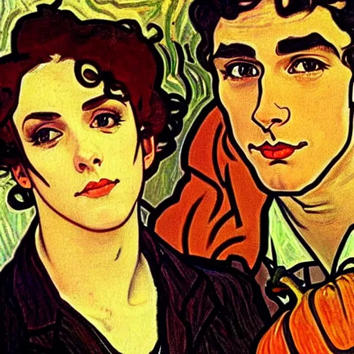 Image similar to painting of handsome young delicate beautiful jeffrey in his 2 0 s with brown hair and gorgeous rina together at the jack o'lantern halloween party, elegant, clear, painting, stylized, art, art by alphonse mucha, vincent van gogh, egon schiele,