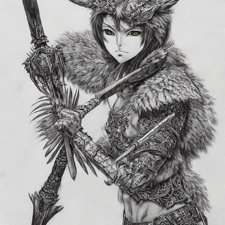 Prompt: female owl warrior, realistic proportions, sharp focus, beautiful face, in feather armor, wielding an owl axe, symmetrical, highly detailed, engraving kentaro miura manga art style trending on artstation 8 k