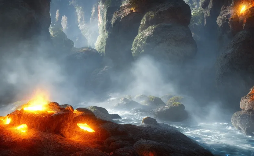 Prompt: a beautiful and stunning professional digital artwork of a glowing infernal cave, haze, smoke floating in the air, waterfall, volumetric lighting, hyperrealistic, rtx on, ultra detail