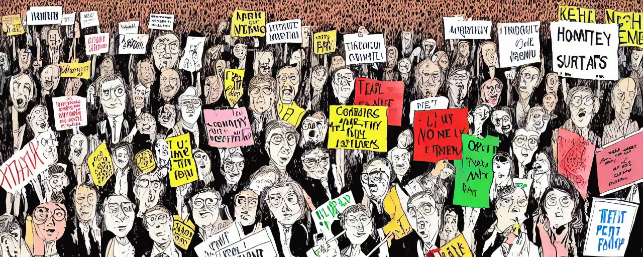 Image similar to an illustration of a crowd of very ordinary protestors with signs, front angle, by ralph steadman, illustration, ink splatters, pen and ink, flat color, colorful drawing, facing front, anatomically correct, beautiful perfect face, sharp focus, highly detailed, cinematic lighting, 8 k, hd