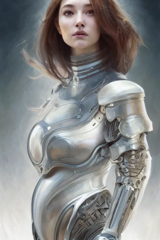 Image similar to ** professional portrait of pregnant peacefull cryogenic female dynamic pose , armor elements , long dark hair, beautiful bone structure, symmetrical facial features, intricate, elegant, digital painting, concept art, smooth, sharp focus, illustration, by Ruan Jia and Mandy Jurgens , and mucha, and Artgerm and William-Adolphe Bouguerea