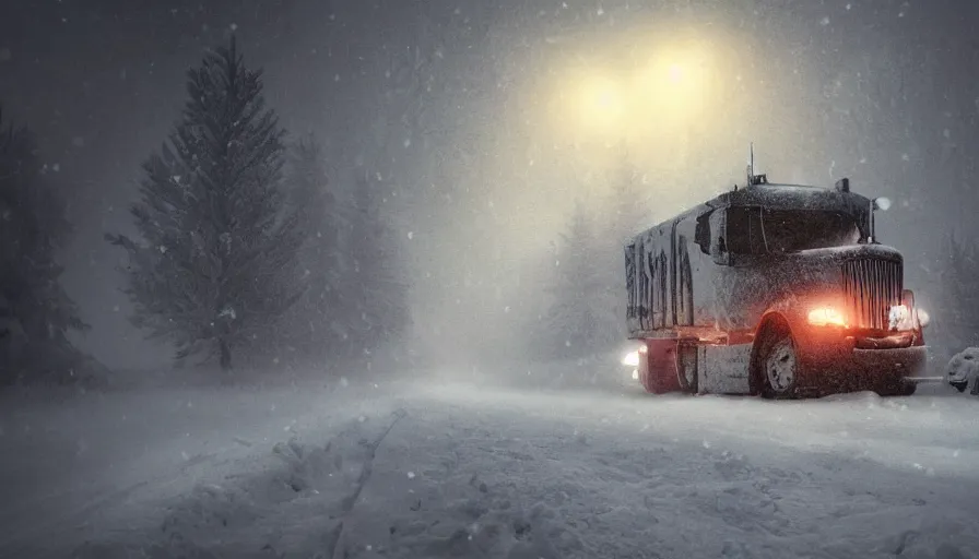 Image similar to A cozy Snowplow! stuck in the heavy snow of a beautiful snowy landscape. A blizzard and heavy snow falls. Fog and mist, highly detailed, concept art, digital art, 4k, high snow