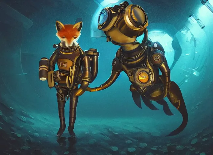 Image similar to An anthropomorphic cartoon fox as a retrofuturistic deep sea diver, helmet with led lights, underwater in the ocean at night, clear water, volumetric lighting, glowing lights, 4k, octane, digital painting, artstation, concept art, cinematic film, sharp focus, illustration, art by artgerm and greg rutkowski and alphonse mucha , wide angle view,