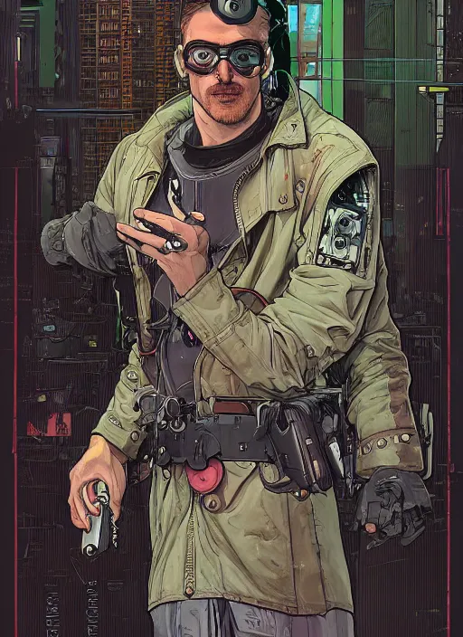 Image similar to cyberpunk hot dog salesman. portrait by ashley wood and alphonse mucha and laurie greasley and josan gonzalez and james gurney. splinter cell, apex legends, rb 6 s, hl 2, d & d, cyberpunk 2 0 7 7. realistic face. character clothing. vivid color. dystopian setting.