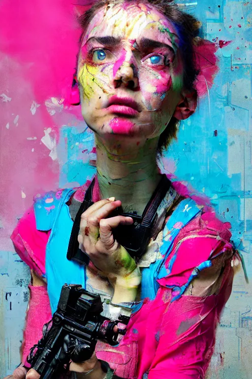 Prompt: portrait of a beautiful postacoliptic girl that has lived trough war and has seen death, in the colors hot pink and cyan, beautiful face, rule of thirds, complex outfit, with gadgets and guns build from scrap and junk metal, spotlight, by greg rutkowski, by jeremy mann, by francoise nielly, by van gogh, digital painting
