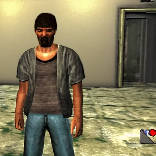 Prompt: game screenshot of Ted Kaczynski inside Ico, ps2 graphics