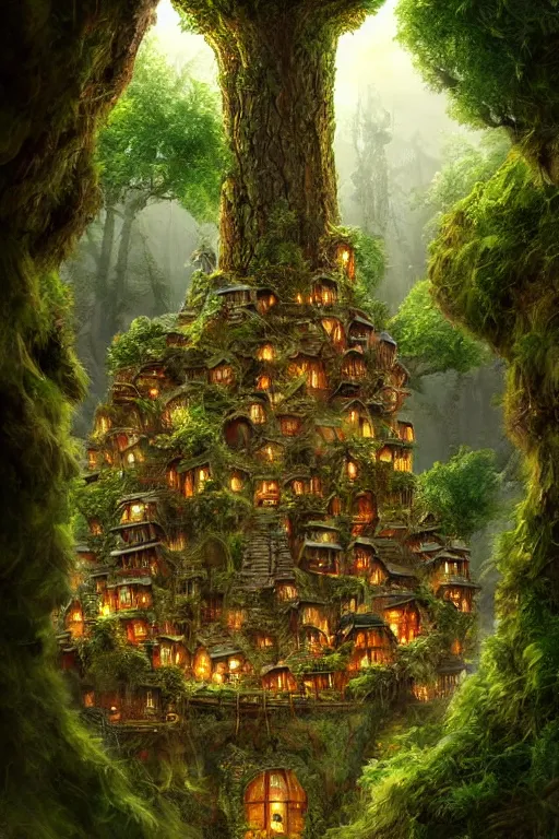 Image similar to a miniature city built into the trunk of a single colossal tree in the forest, with tiny people, in the style of marc simonetti, lit windows, close - up, low angle, wide angle, awe - inspiring, highly detailed digital art