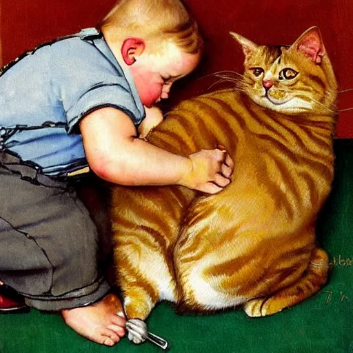 Prompt: fat butterscotch tabby cat licking paw, painting by Norman Rockwell