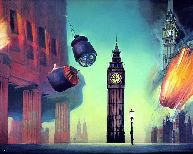 Prompt: big ben destroyed by a powerful juice explosion, painting by frank frazetta, 3 d rendering by beeple, wlop