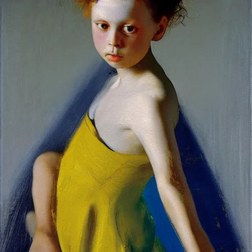 Image similar to palette knife oil painting portrait of a young girl in a blue and gold haunted liminal room, film still by goya, by balthus, by pontormo, extreme detail, liminal aesthetic, artgerm, deviant art, octane, substance, art history 8 k, art nouveau