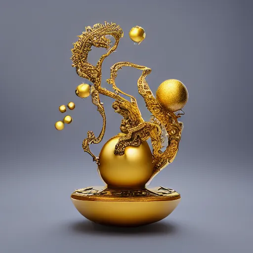 Image similar to art nouveau gold mochi shaped sculpture with filigree faberge orchid betta whiplash forest liquid lightshow spiral organic natural forms designed by giger, 8 k, octane render