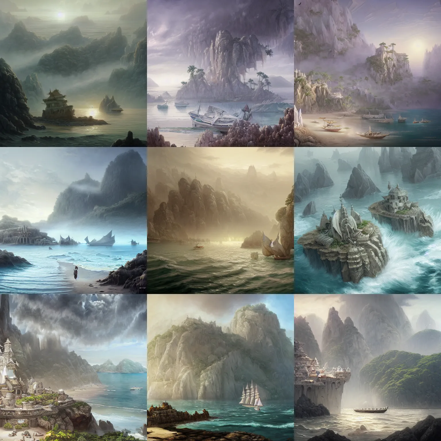 Prompt: cartoon white ancient sanctuary with boats and spiky mountains and palms and on the foggy beach wrapped in fog, isometric view, highly detailed, digital painting, artstation, concept art, smooth, sharp focus, illustration, artstation, art by giger and greg rutkowski and hikari shimoda and edmund blair leighton and charlie bowater