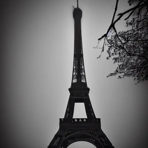 Prompt: a huge figure dehind the Eiffel tower, taken fron the ground, foggy weather, scary, dark, High resolution, creepy