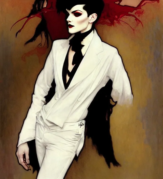 Prompt: stunning portrait of highly details androgynous ruby rose as desire from sandman, rockabilly style,, by alphonse mucha, by jeremy mann, by egon shiele by peter lindbergh, white suit and black tie, soft lightning, high detailed, 8 k