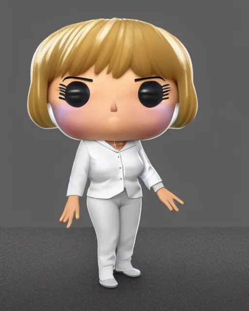 Image similar to full body 3d render of angela merkel as a funko pop, studio lighting, white background, blender, trending on artstation, 8k, highly detailed