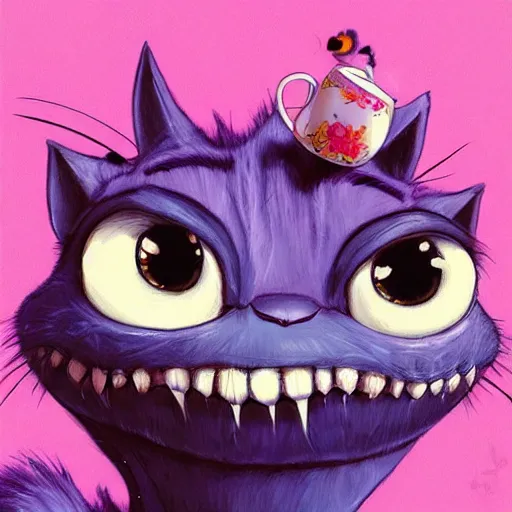 Image similar to cheshire cat drinking tea, by cory loftis, character art, art, very coherent, plain background, lighthearted, soft painting