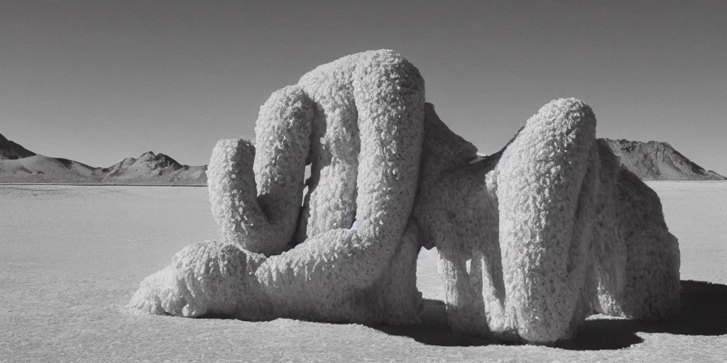 Prompt: an ice sculpture of a wooly mammoth melting in a desert, cinematic