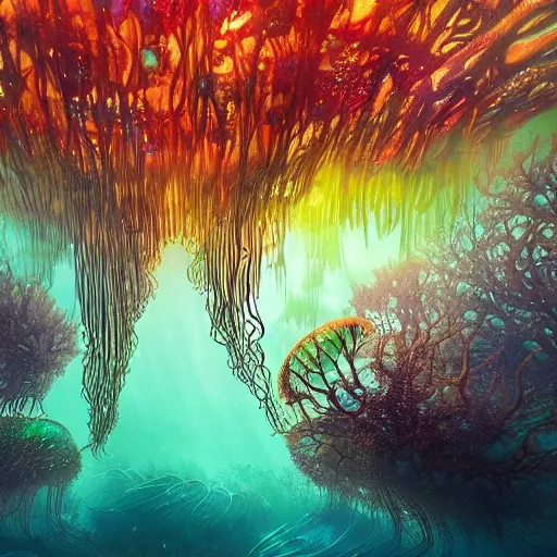 Image similar to underwater forest made of jellyfish beautiful composition, wide angle, colorful, cinematic, volumetric lighting, intricate details painting