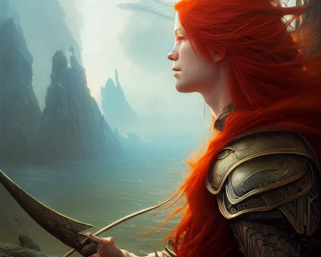 Image similar to highly detailed portrait of a warrior redhead woman, elden ring, stephen bliss, fantasy art by greg rutkowski, loish, rhads, ferdinand knab, makoto shinkai and lois van baarle, ilya kuvshinov, rossdraws, tom bagshaw, global illumination, radiant light, detailed and intricate environment