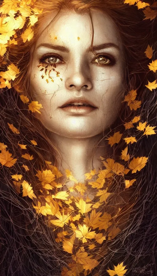 Image similar to golden leaves at frame border, creative!!! composition for a book cover!!!, absurdly beautiful, ultrafine hyperrealistic detailed old witch face by wlop and artgerm and greg rutkowski, intricate linework, sharp focus, smooth, octopath traveler, final fantasy, unreal engine, dramatic lighting, ethereal, 8 k