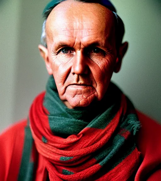 Image similar to portrait of president calvin coolidge as afghan man, green eyes and red scarf looking intently, photograph by steve mccurry