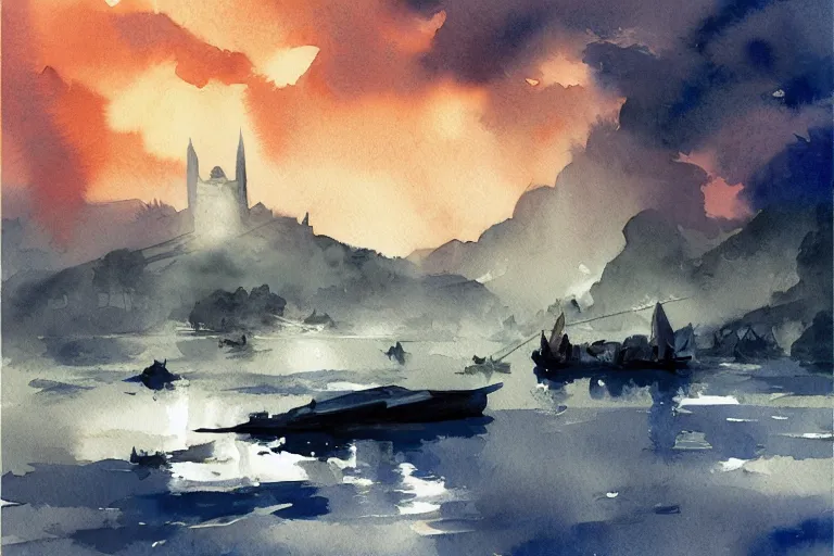 Image similar to small centered on watercolor paper, paint brush strokes, abstract watercolor painting of torre de lago, cinematic light, national romanticism by hans dahl, by jesper ejsing, by anders zorn, by greg rutkowski, by greg manchess, by tyler edlin