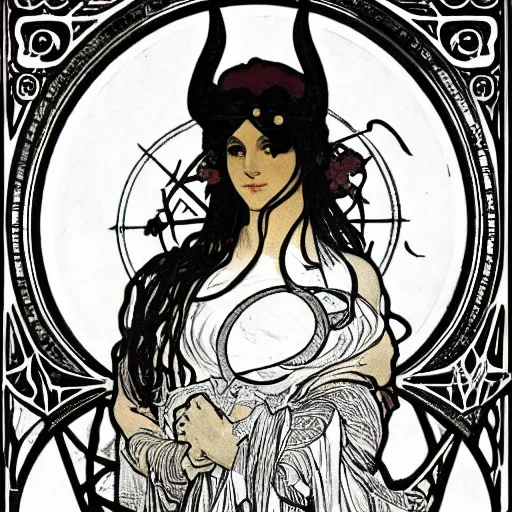 Prompt: a feminine alchemical illustration of The Baphometress by Alphonse Mucha, black background, zoomed out to show entire image