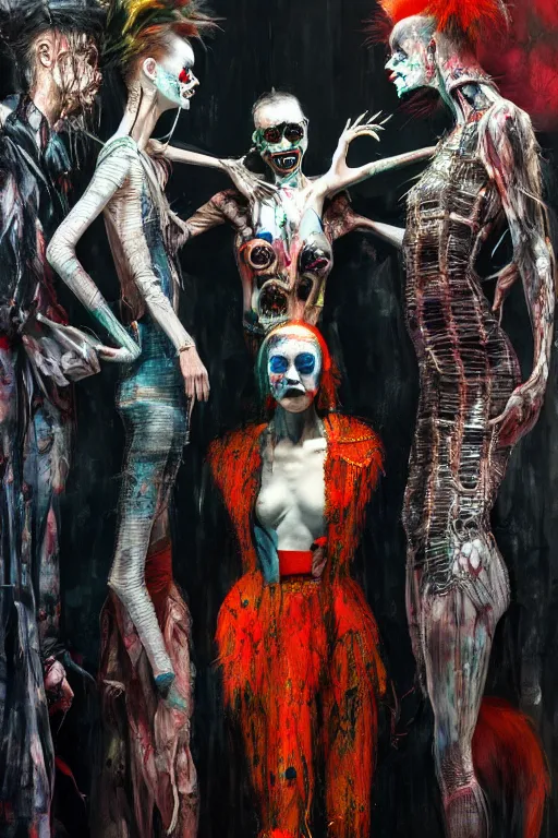 Image similar to crazy fashion catwalk, freak show, one model, crazy clothes, biopunk style, horror, hauntingly surreal, highly detailed painting by francis bacon, edward hopper, adrian ghenie, gerhard richter, and james jean soft light 4 k