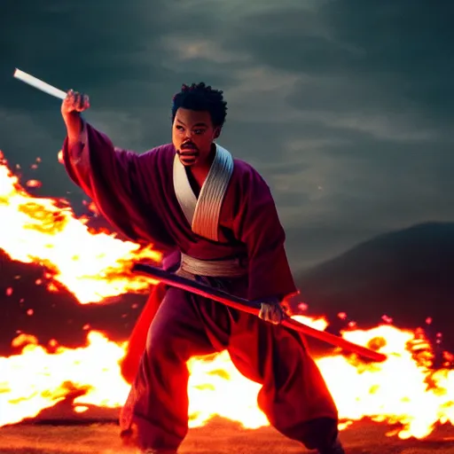 Image similar to cinematic film still of Chance The Rapper starring as a Samurai holding fire, Japanese CGI, VFX, 2022, 40mm lens, shallow depth of field, film photography