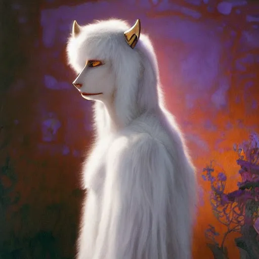 Image similar to a photo of a white fur monster standing in a purple room, diffuse lighting, fantasy, intricate, elegant, highly detailed, lifelike, photorealistic, digital painting, artstation, illustration, concept art, smooth, sharp focus, art by john collier and albert aublet and krenz cushart and artem demura and alphonse mucha