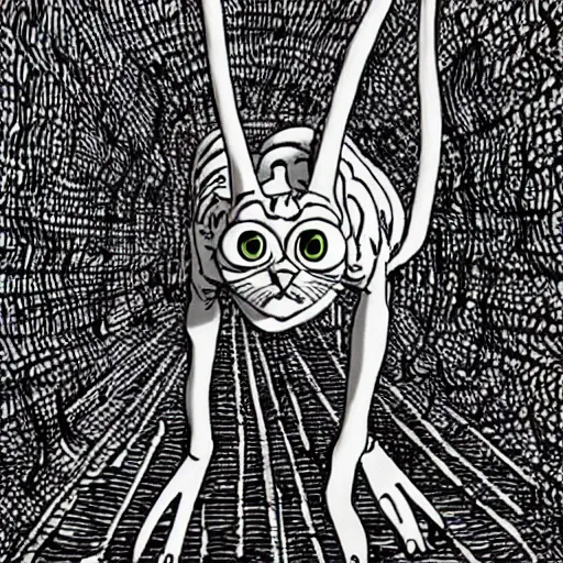 Image similar to a cat with spider legs and a thousand eyes, walking towards camera, highly detailed, by junji ito.