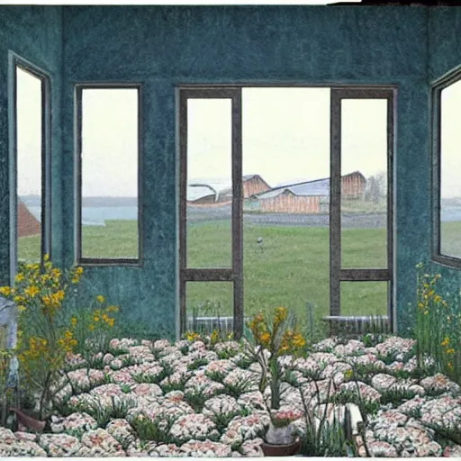 Prompt: It snows inside a ruined, roofless house. Flowers are left to wither in a vase. Painting by Alex Colville