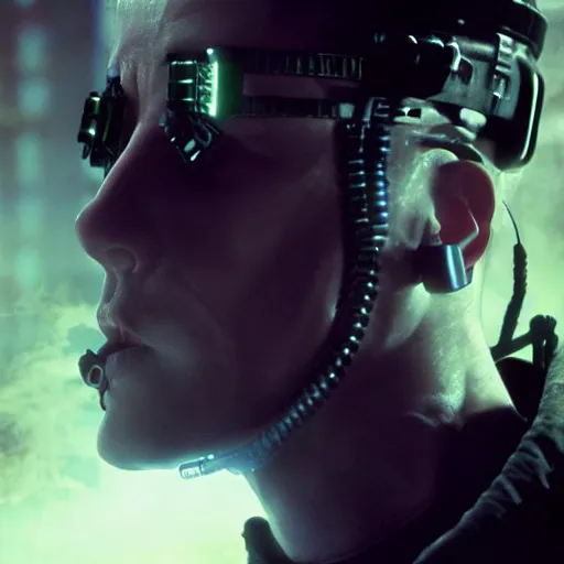 Image similar to cyberpunk rock - man as a soldier smoking a cigarette, still from the movie universal soldier, still from the movie terminator, fog, dramatic lighting, cinematic, 4 k, full body shot, backlit, rim lighting, full body photgraph, shap, football armor, cyberpunk, bladerunner, extreme detail, light rain, trending on artstation, spot light