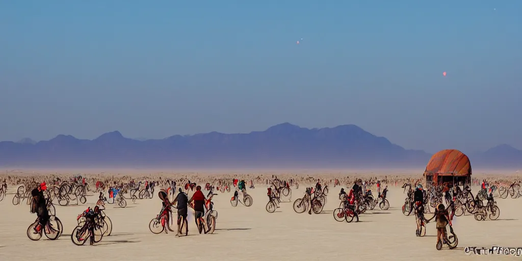 Image similar to of a photography of Burning Man Festival, with blue light dark blue sky, long cloths red like silk, ants are big and they shine on the sunlight, there are sand mountains on the background, a very small oasis on the far distant background along with some watch towers, ants are perfect symmetric insects, man is with black skin, the man have a backpack, the man stands out on the image, the ants make a line on the dunes, the sun up on the sky is strong, the sky is blue and there are some clouds, its like a caravan of a man guiding many ants on the dunes of the desert, colors are strong but calm, volumetric, detailed objects, Arabica style, wide view, 14mm,