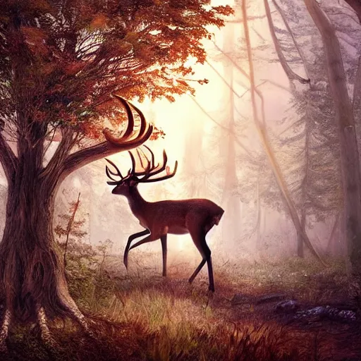 Prompt: Hunter hunting a beautiful deer, a tree of life in the background + beautiful digital art + trending on artstation + 8k