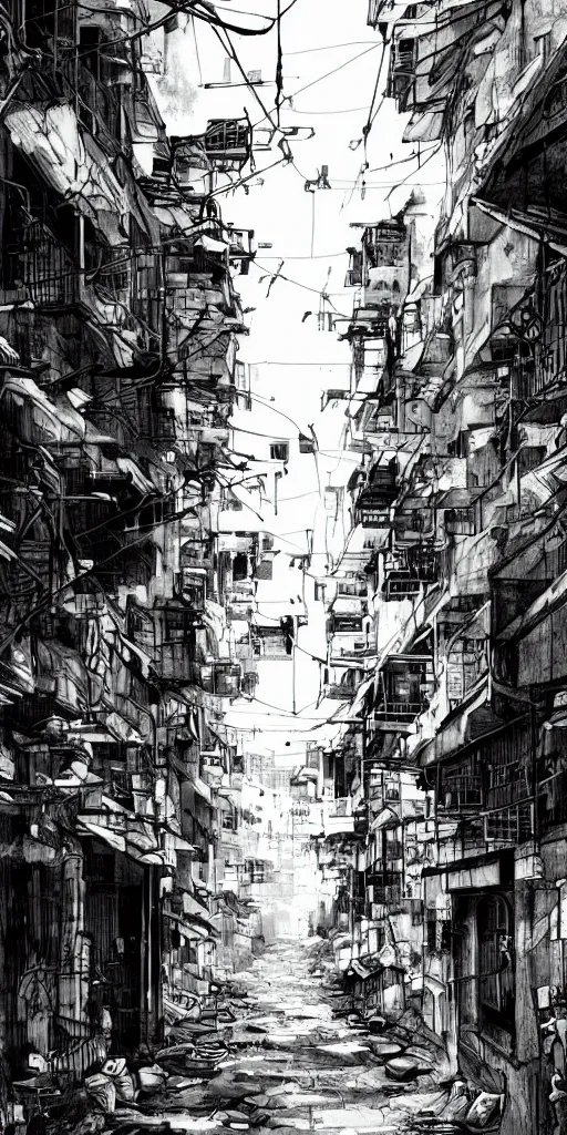 Prompt: abandoned old alleys in hong kong, epic vines, illustration by niko delort, black and white ink