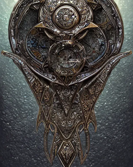 Prompt: close up shot of an amulet, d & d, fantasy, intricate, elegant, highly detailed, digital painting, artstation, concept art, smooth, sharp focus, illustration, in the style of realistic digital art