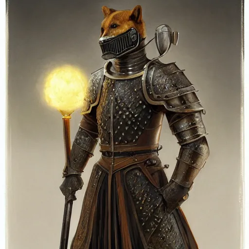 Image similar to knight armor, anthropomorphic shiba inu, medieval tavern, stuning 3 d render, masterpiece, glowing aura, by donato giancola and greg rutkowski and wayne barlow and zdzisław beksinski, realistic face