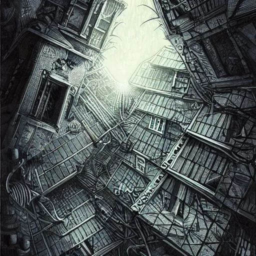 Image similar to crows at a architectural complex with an occult witch by Android Jones and M. C. Escher collaboration, futurist, digital art, dramatic lighting, symbolic