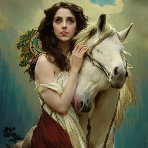 Image similar to young alison brie kissing a man - horse, painted by artgerm and greg rutkowski and alphonse mucha. clear highly detailed face, beautiful fantasy art,