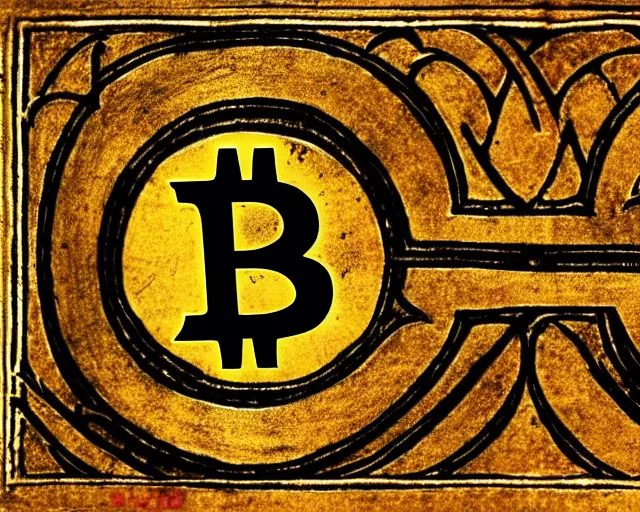 Image similar to medieval! manuscript!, bitcoin! logo at the left! side of page, ethereum! logo at the right! side of page