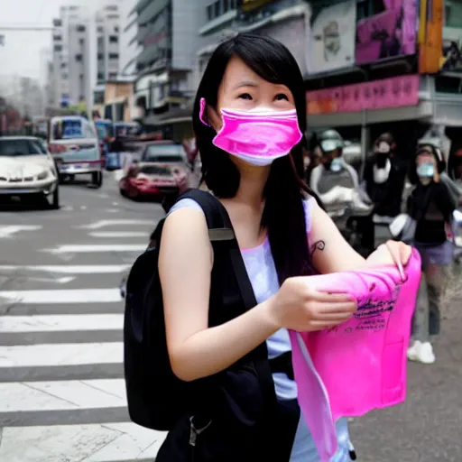 Image similar to taiwanese young woman wears pink medical mask, in the streets